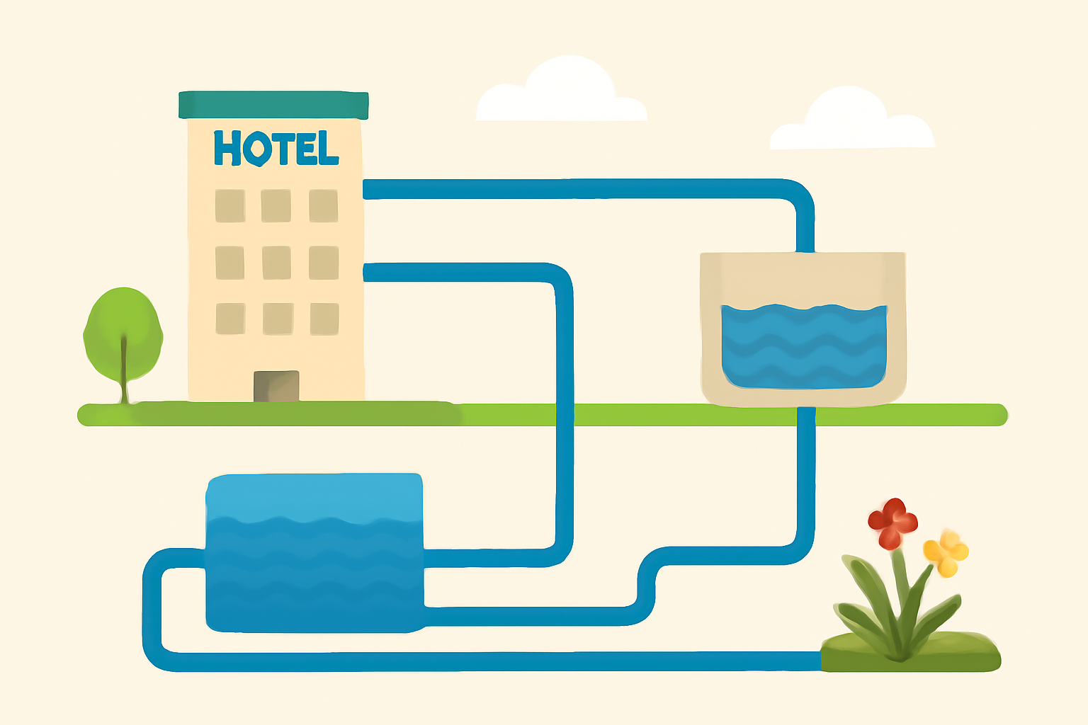 Illustrative Darstellung eines Hotelwasserkreislaufs mit getrennten Leitungswegen für Frischwasser und aufbereitetes Grauwasser, verbunden mit schematischen Becken und Bewässerung; ohne Beschriftungen oder Logos.