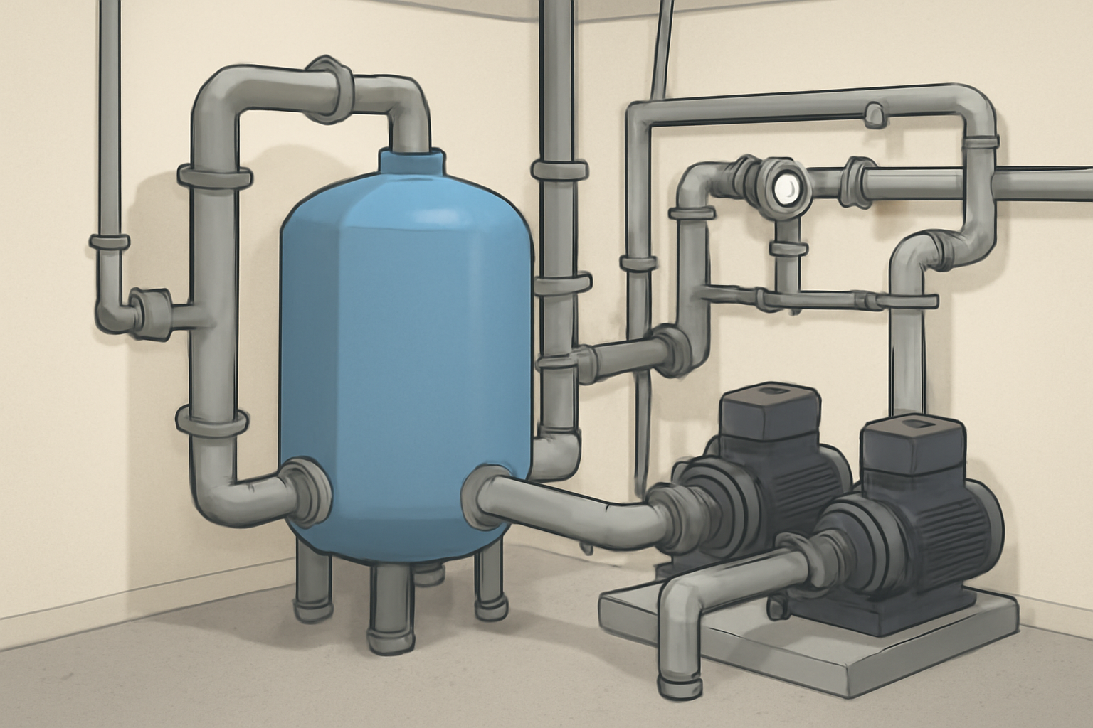 Illustrative Szene einer Hotel-Wasseraufbereitung: Filterbehälter, Pumpen und verbundene Rohrleitungen in einem neutralen Technikraum, ohne Logos, Beschriftungen oder Leistungsangaben.